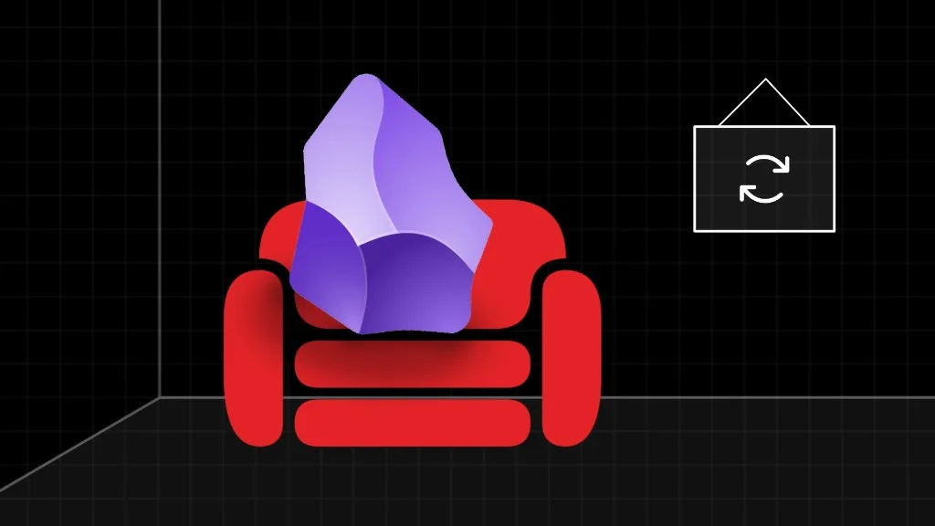 Illustration of the Obsidian gem on a CouchDB couch with a sync icon, representing LiveSync and CouchDB replication