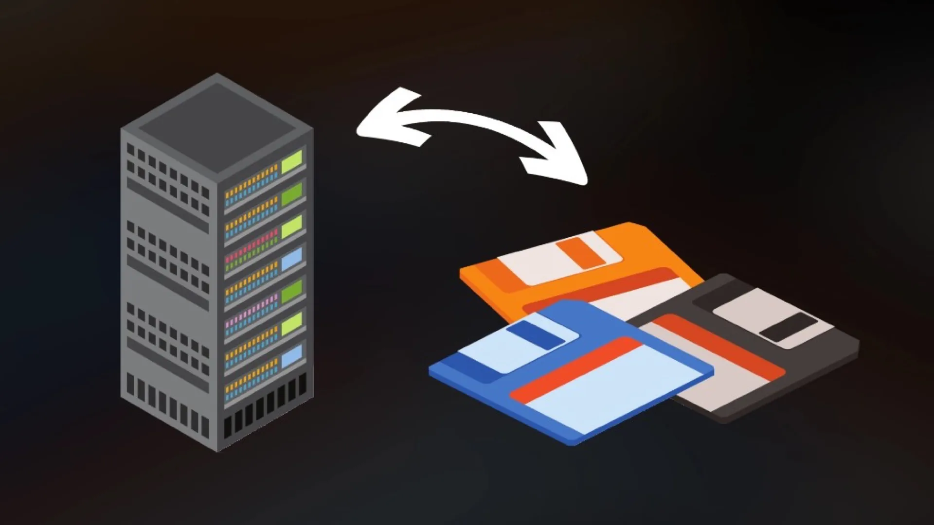 Isometric server rack and floppy disks connected by a two-way arrow, representing sync versus backup