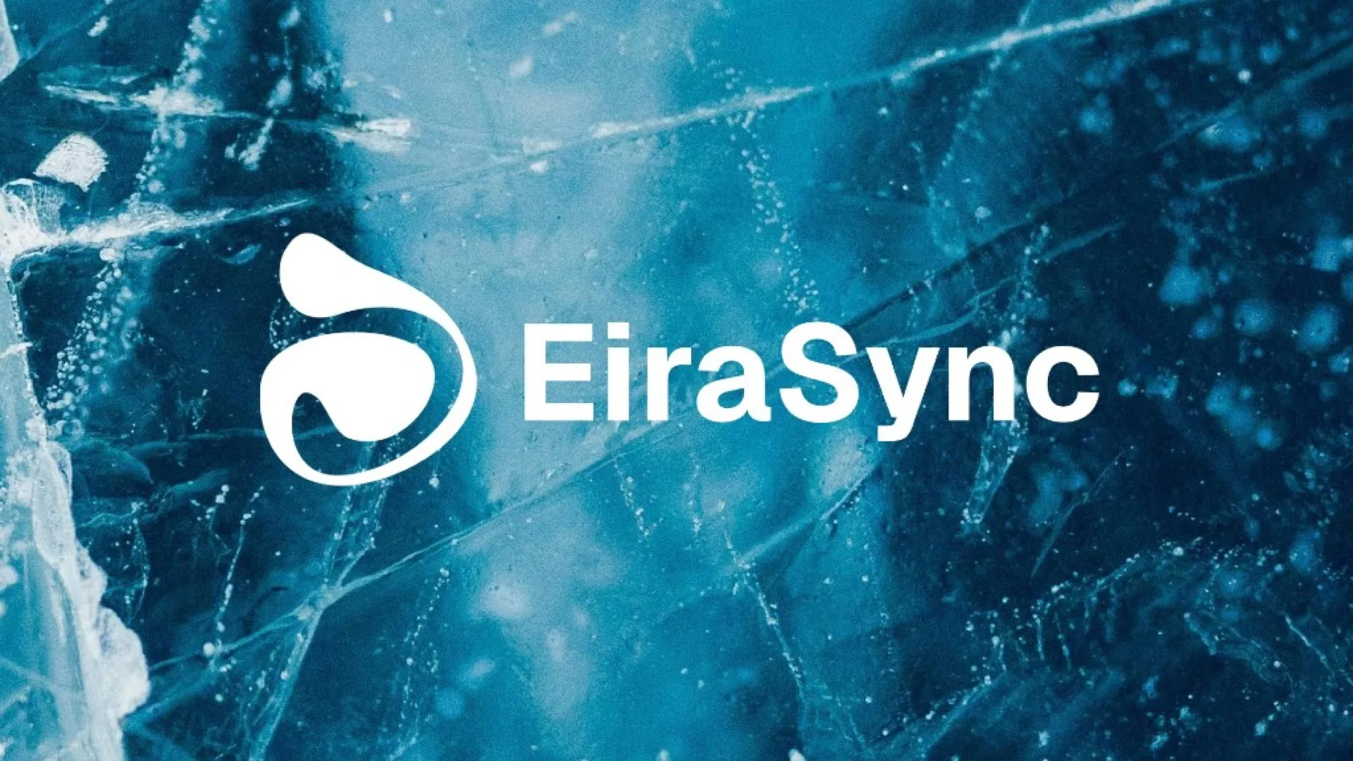 EiraSync logo and wordmark in white on a dark cracked-ice background with blue frost textures