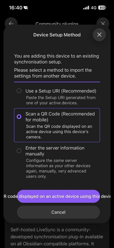 Phone: choose scan QR code