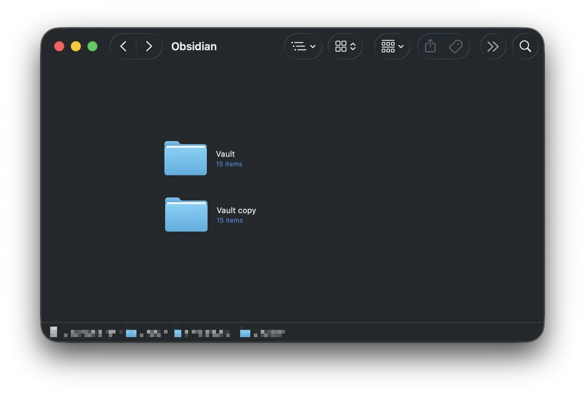 macOS Finder showing an Obsidian vault folder duplicated as Vault copy for a local hard backup