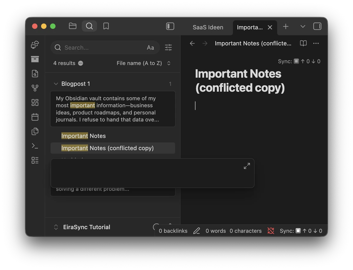 Obsidian search results showing Important Notes and Important Notes (conflicted copy)