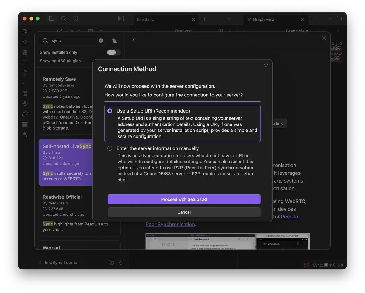 LiveSync Setup Wizard with Use a Setup URI selected as the connection method
