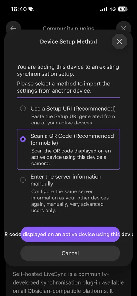 On mobile, choose Scan a QR Code in the LiveSync device setup wizard